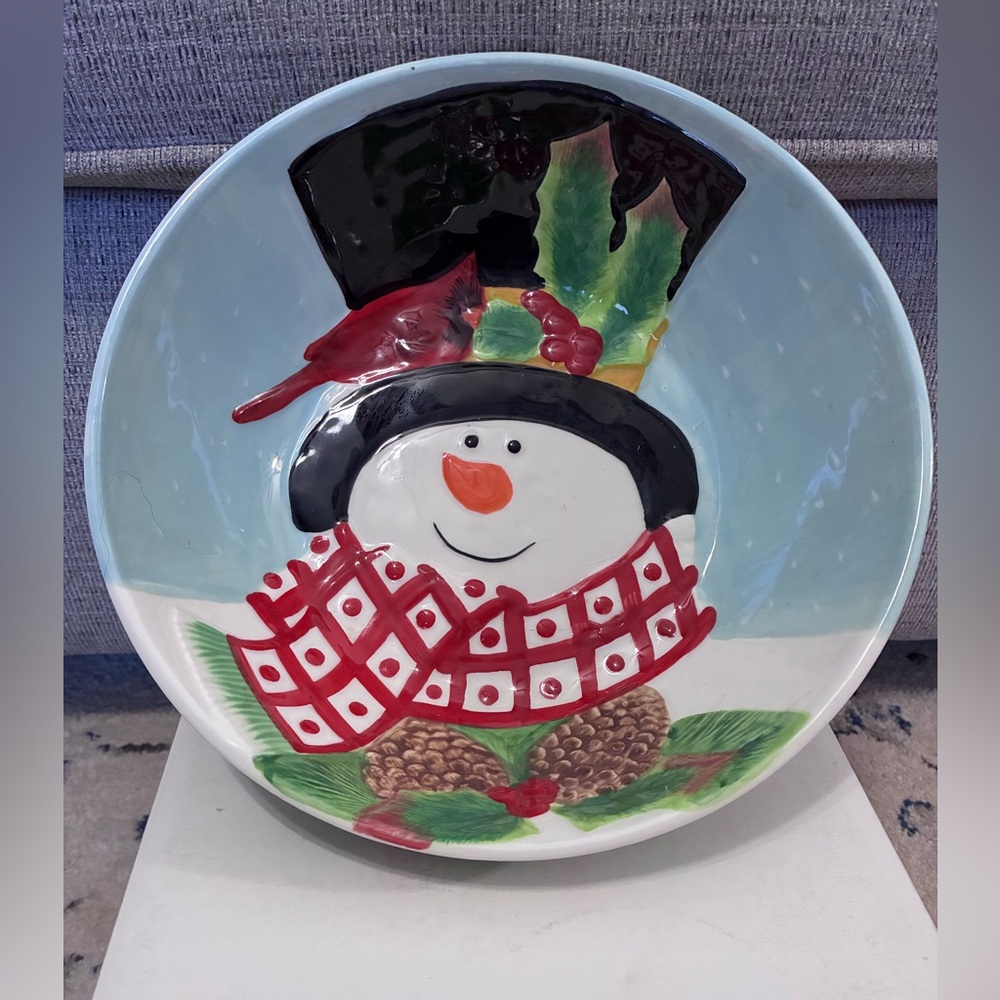 Fitz & Floyd Holly Berry Snowman Serving Bowl